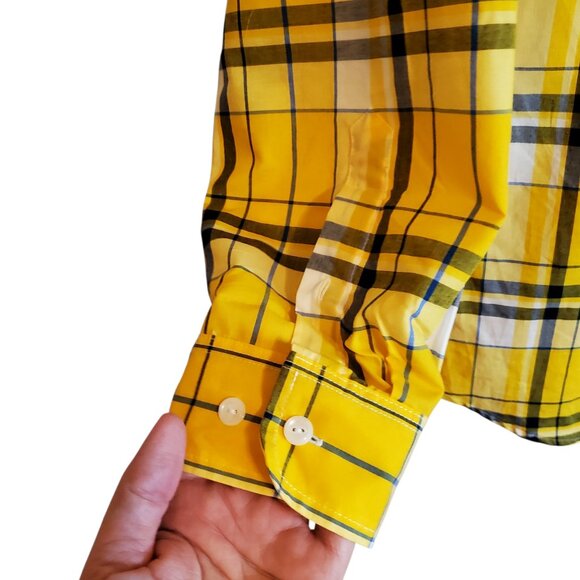 Lauren Ralph Lauren Yellow Blue Plaid Roll Tab Sleeve Button Up Blouse Large - Picture 5 of 14